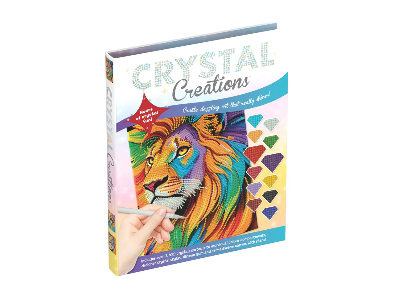 Crystal Creations diamond painting kit featuring a vibrant lion design.