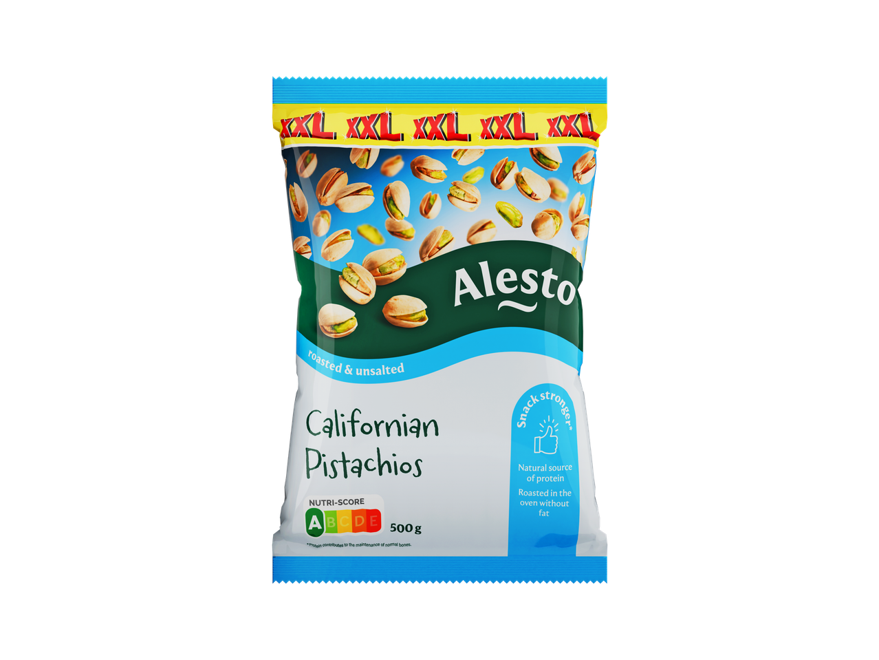 Saco de pistácios californianos Alesto XXL, torrados e sem sal, com Nutri-Score A.