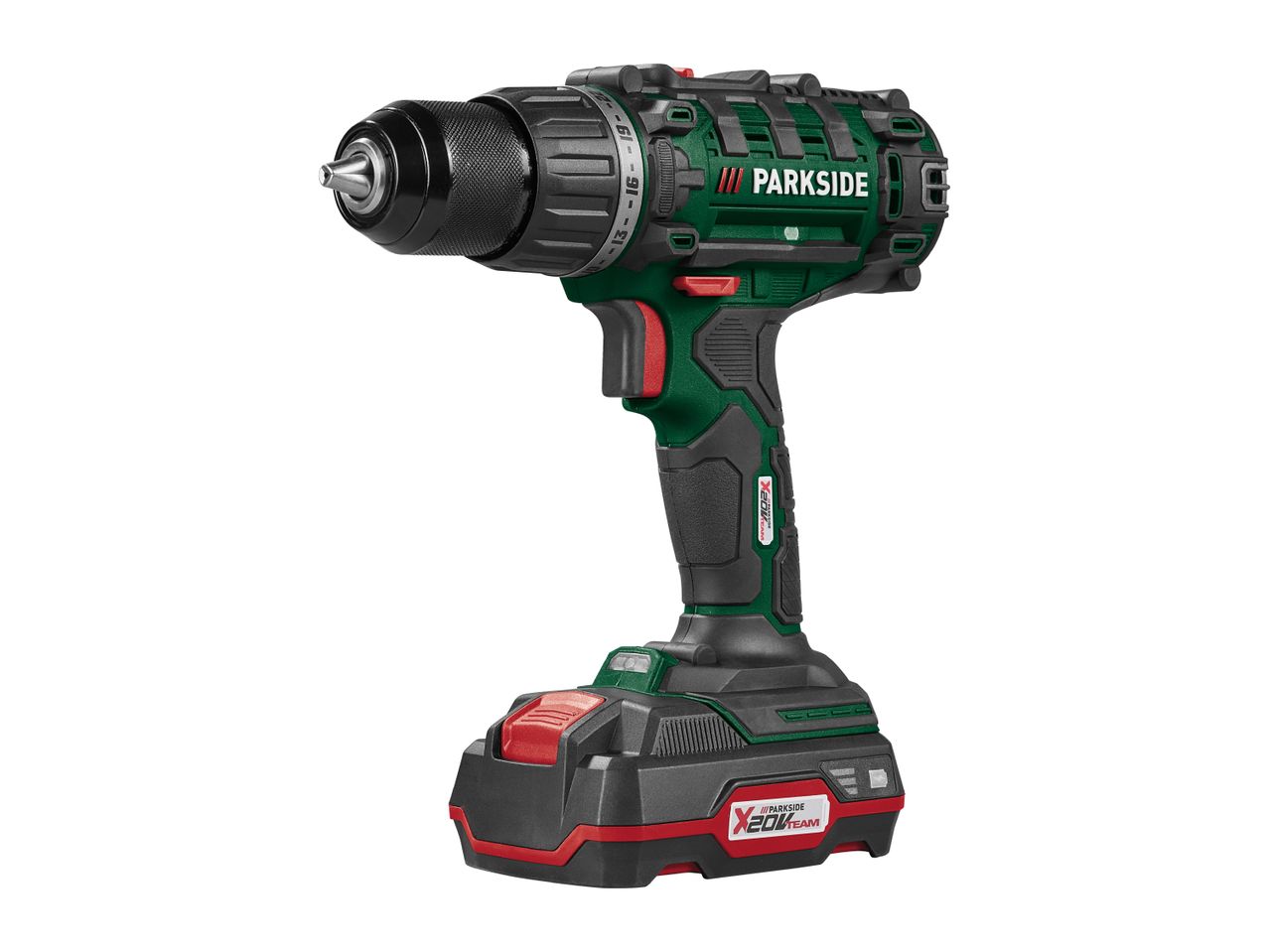 A green and black cordless drill with a battery pack attached.