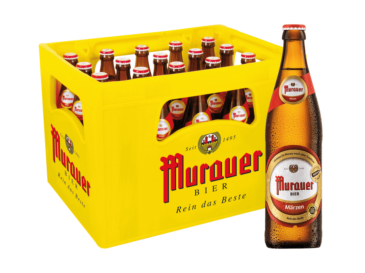 Eine Kiste Murnau Bier mit einer Flasche im Vordergrund.