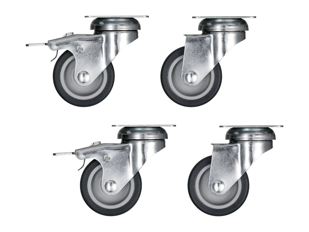 Four heavy-duty swivel casters with rubber wheels.