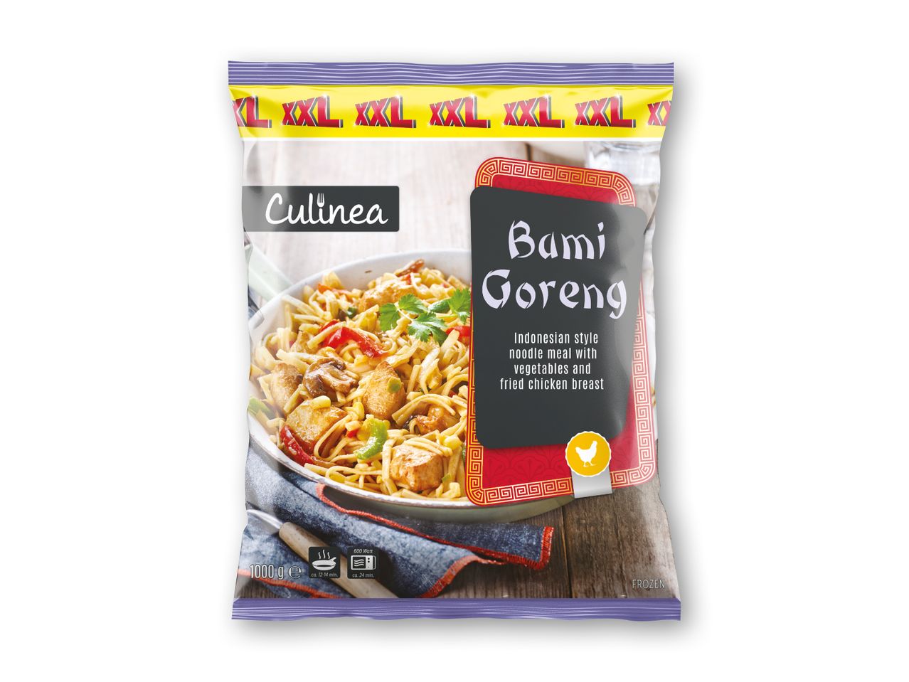 Culinea's frosne Bami Goreng måltid med kylling og grøntsager.