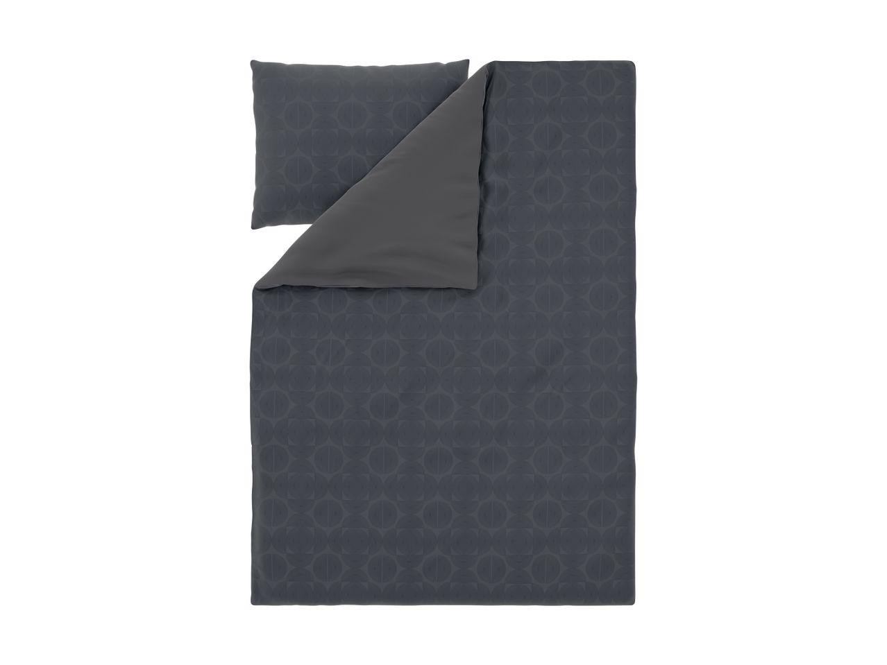 Dark grey duvet cover set with a subtle geometric pattern and a plain reverse side.