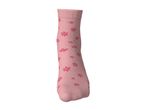 Pink sock with a floral pattern, featuring small, darker pink flowers scattered across the fabric.
