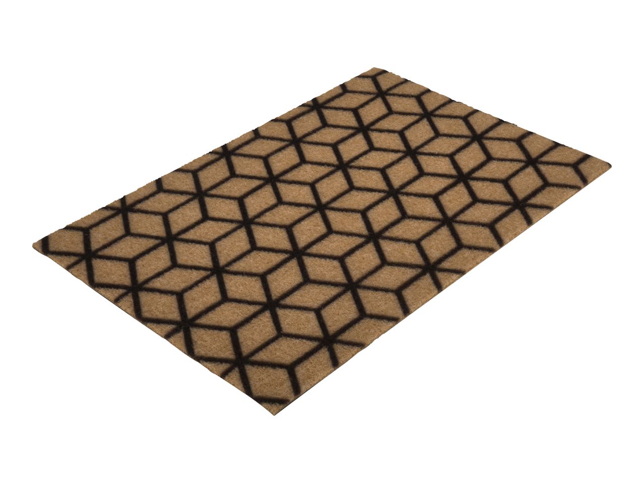 Coir doormat with a brown and black geometric 3D cube pattern