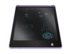 A purple LCD writing tablet displays drawings of a lightbulb, stars, rocket, and letters.