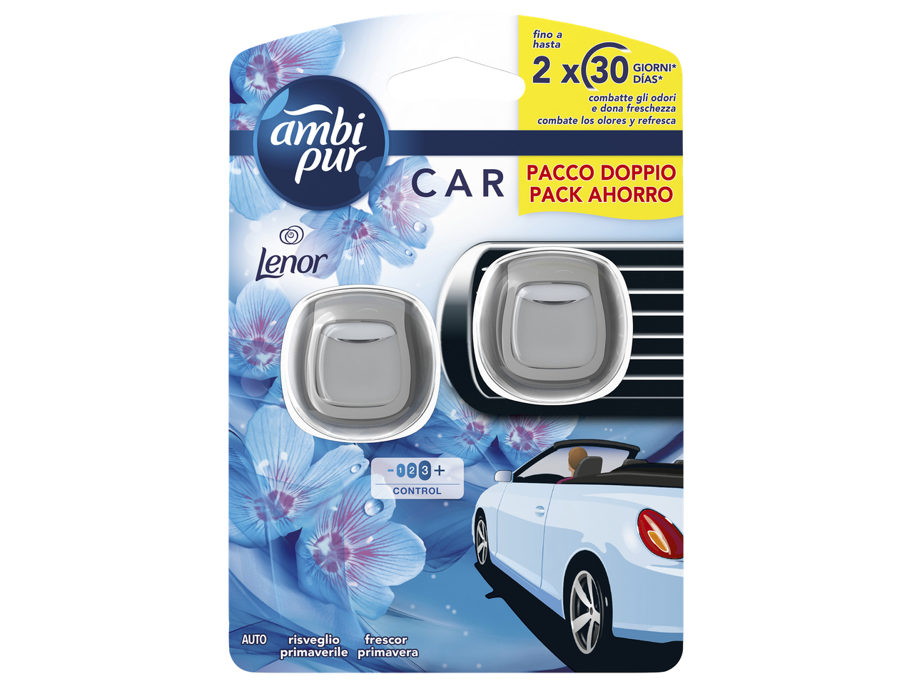 Ambi Pur Car air freshener 2-pack with Lenor Spring Awakening scent, lasting up to 2x30 days.