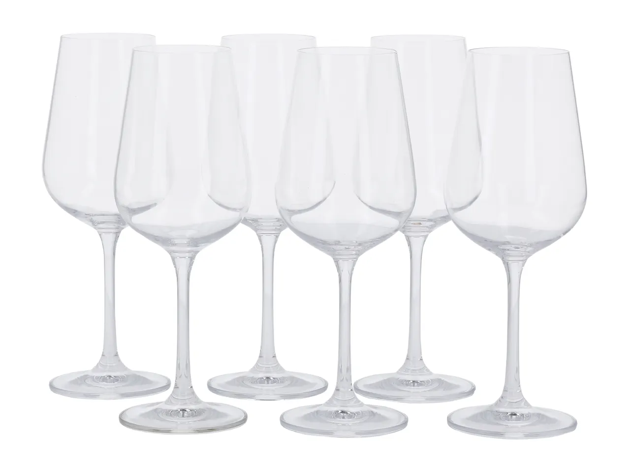 Six clear stemmed wine glasses with a modern, elegant design.