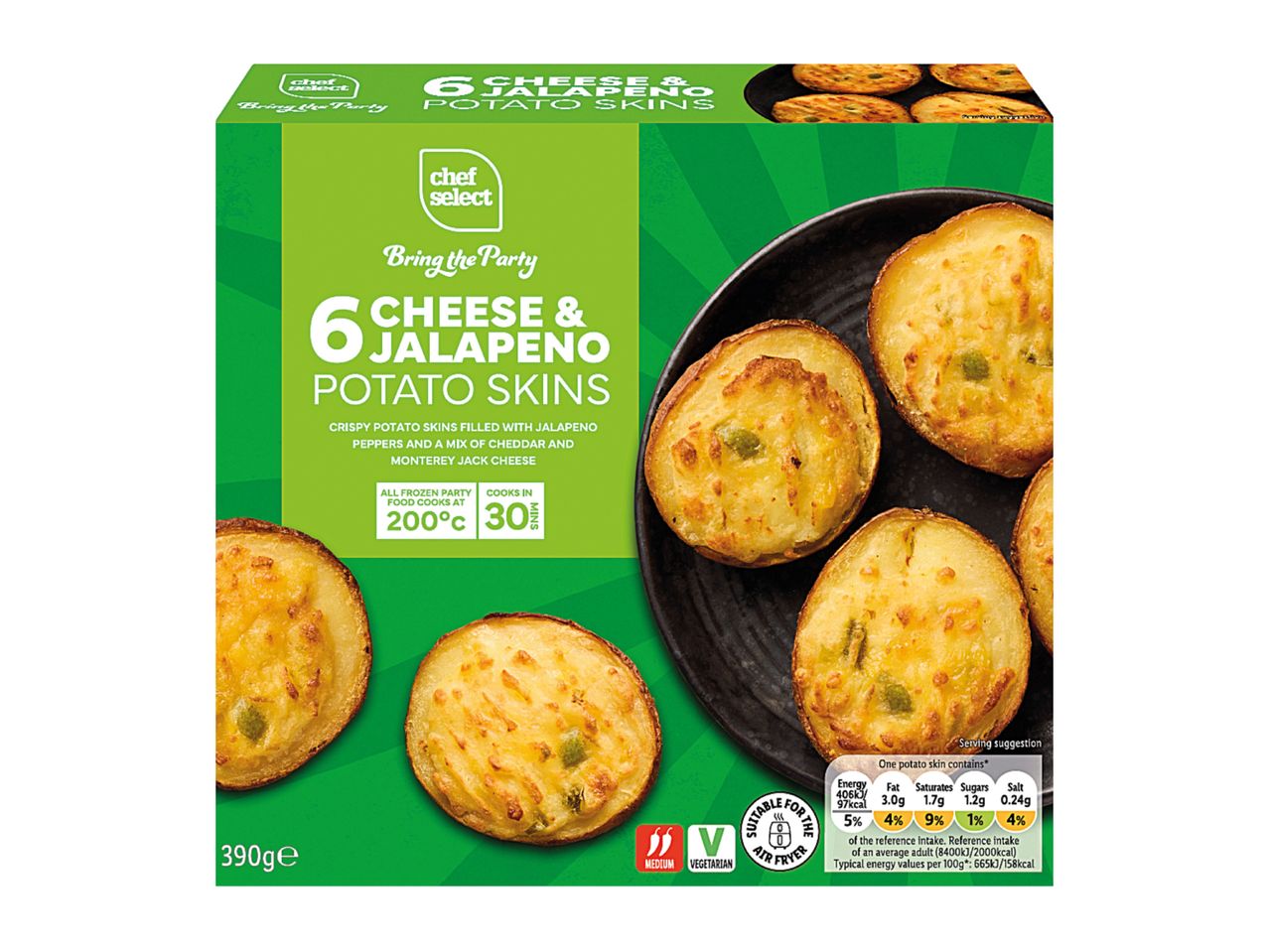 A box of 6 cheese and jalapeno potato skins, suitable for vegetarians and air fryers.