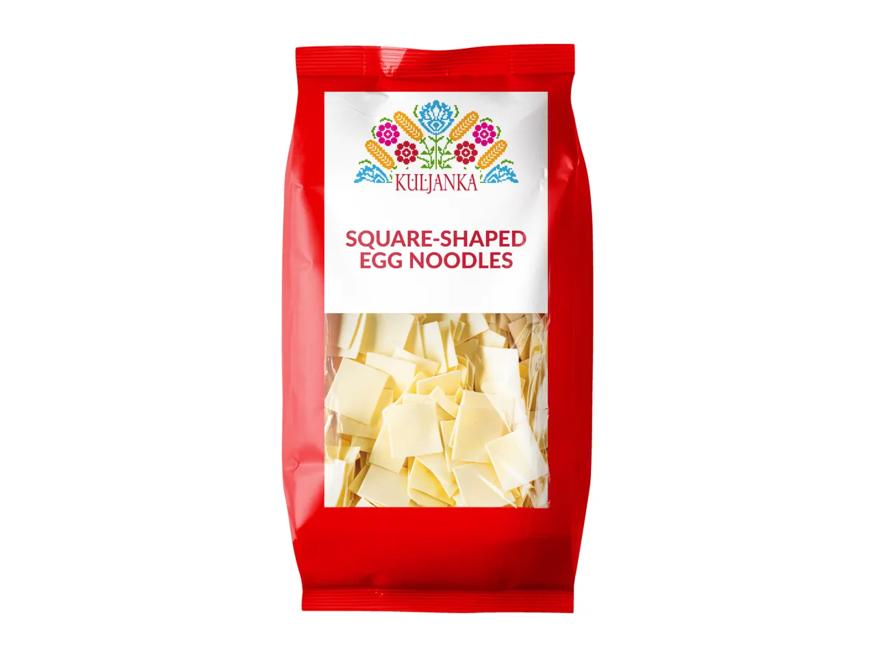 Red bag of square-shaped egg noodles with a folk-art inspired label.
