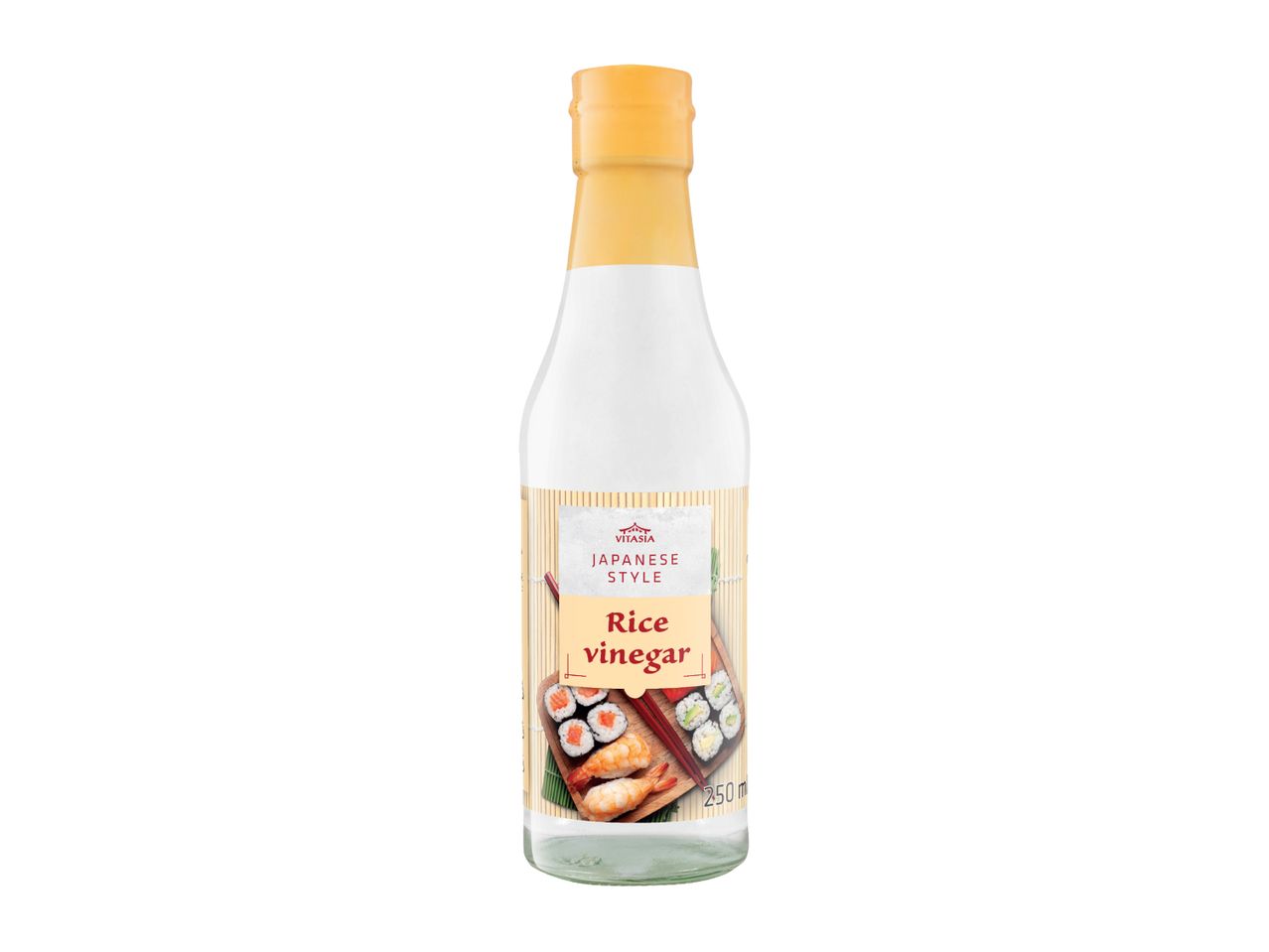 Japanese style rice vinegar bottle with sushi and shrimp on the label