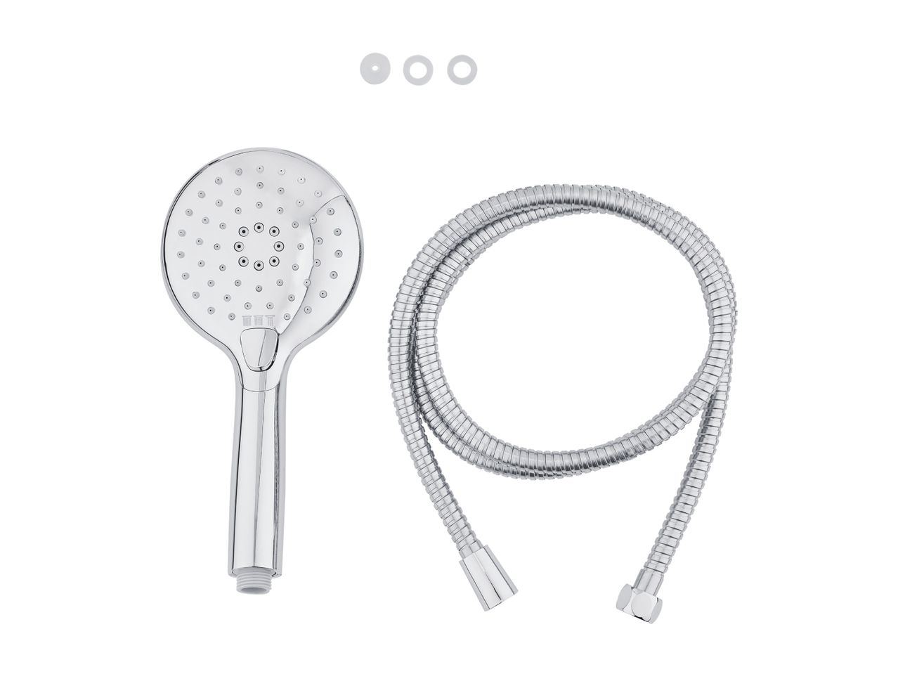 Chrome-plated shower head and flexible shower hose with three small washers.