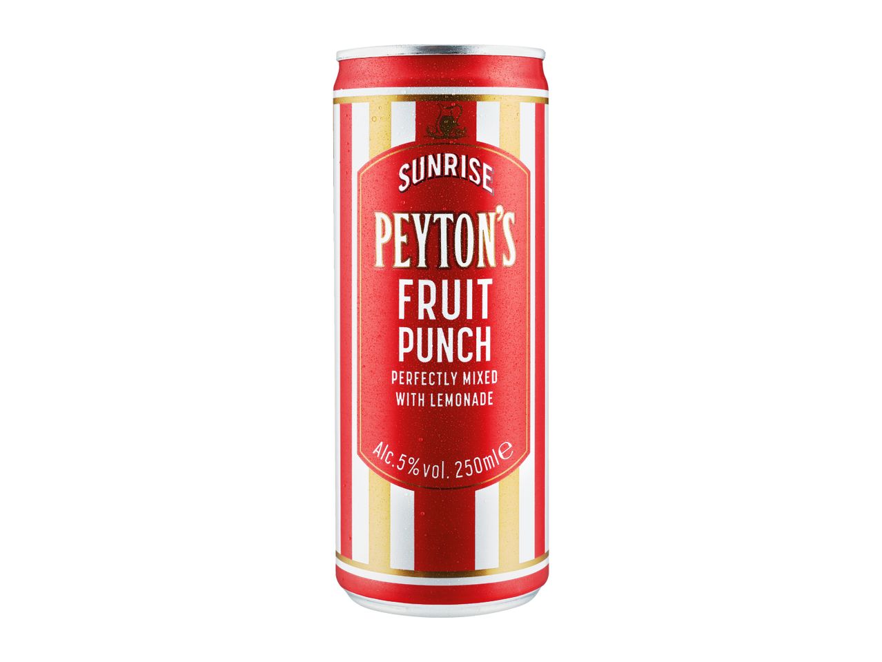 Red and gold striped can of fruit punch with lemonade, 5% alcohol, 250ml.