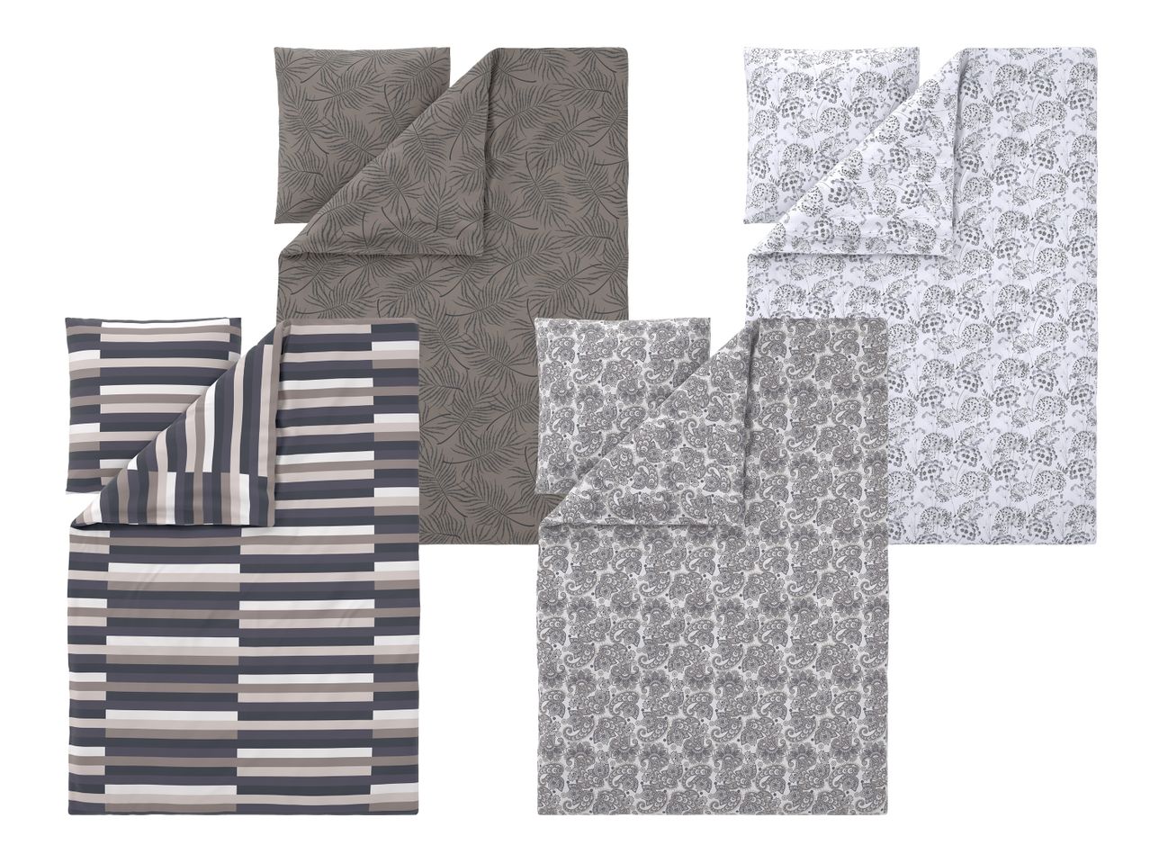 Vier Bettwäsche-Sets mit verschiedenen Mustern: Streifen, Blätter, Paisley und Blumen.