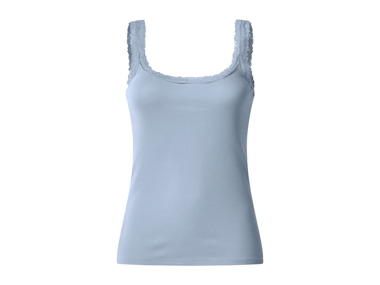 Light blue ribbed tank top with delicate lace trim on the neckline and straps.