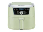 Light green air fryer with digital display showing 180 degrees Celsius and various cooking functions.
