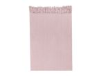 A light pink knitted blanket with fringe on the top edge.