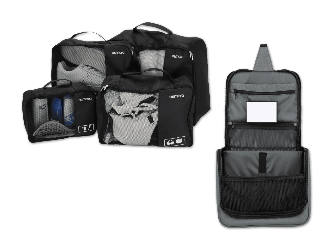 Reise-Organizer-Set mit mehreren schwarzen Packwürfeln und einem grauen Kulturbeutel.