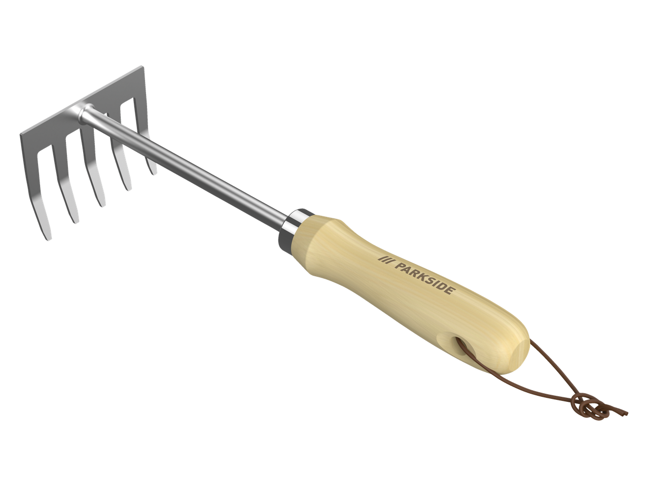 Parkside® sodo įrankis: rankinis grėblys su medine rankena ir metaliniais dantimis.
