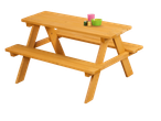 LIVARNO wooden picnic table with benches, pink cup, green bowl, and wooden blocks.