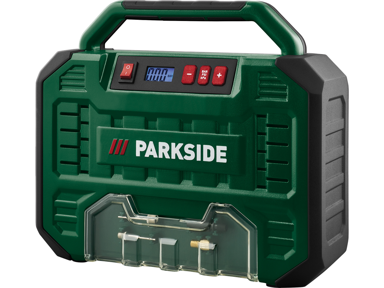 Green portable air compressor with digital display and various nozzles.