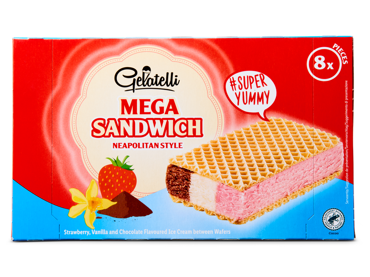Gelatelli Mega Sandwich: 8 ijsjesandwiches met aardbei, vanille en chocolade.