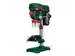 A green bench drill press with a vise is shown against a black background.