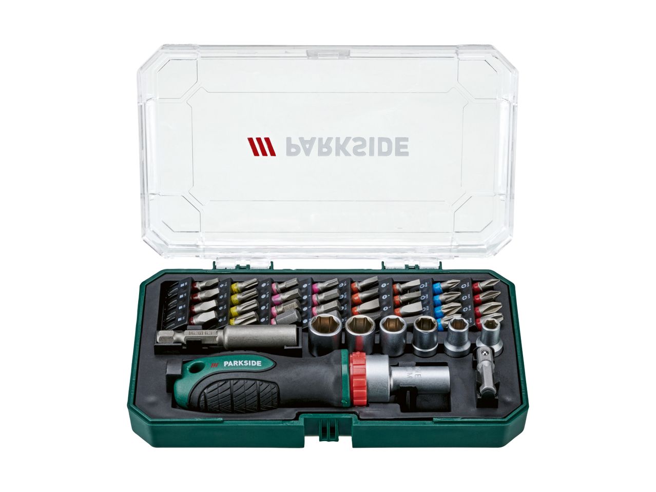 Screwdriver bit set with various bits, sockets, and a ratchet screwdriver in a green case.