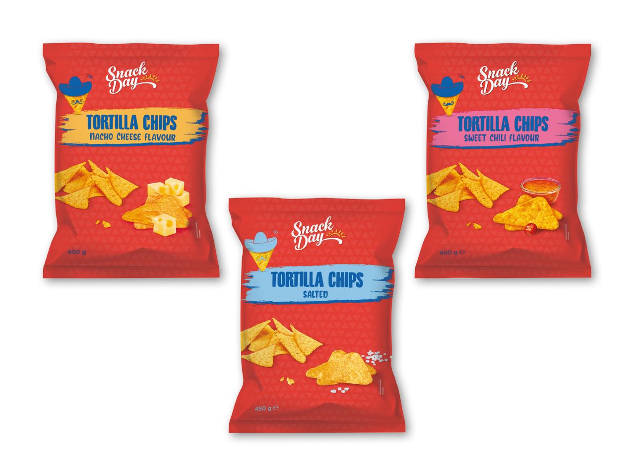 Tre poser Snack Day tortillachips i smagene nacho cheese, salted og sweet chili.