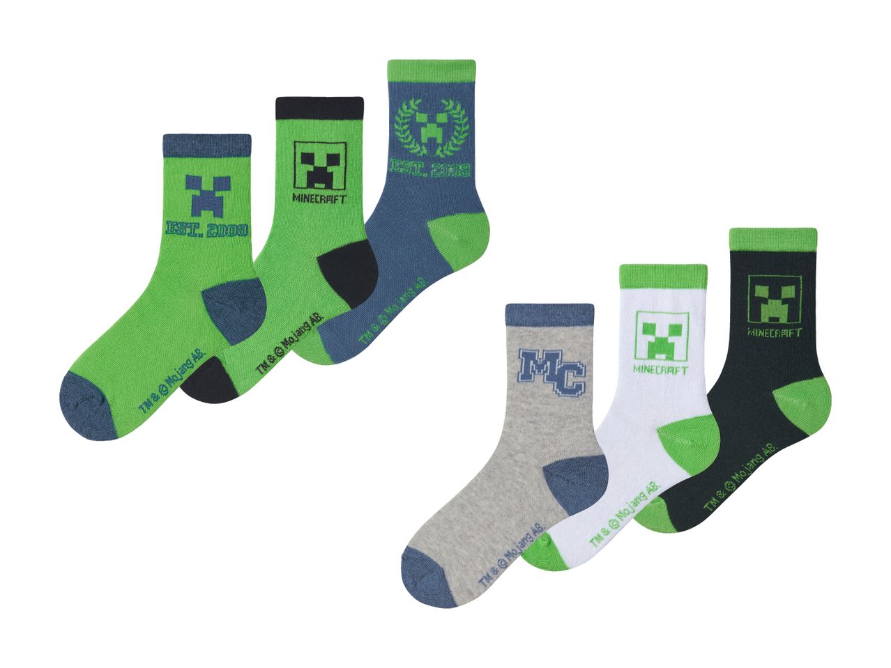 Sechs Paar Minecraft Kindersocken in verschiedenen Farben und Designs.