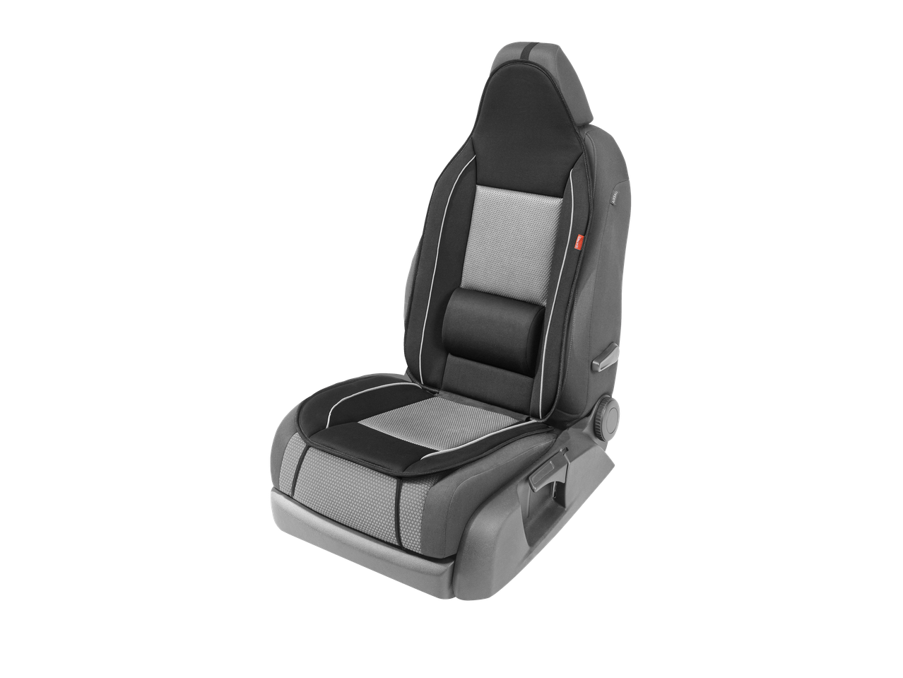 ULTIMATE SPEED® car seat cover with lumbar support, featuring black and grey fabric with white piping.