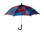Children's umbrella with a blue and black Spider-Man design, featuring the character giving a thumbs up.
