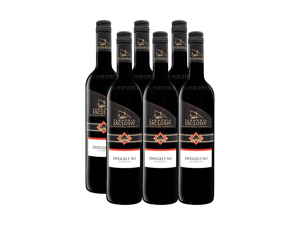 Sechs Flaschen Zweigelt N°1 Rotwein mit schwarzen und roten Etiketten.