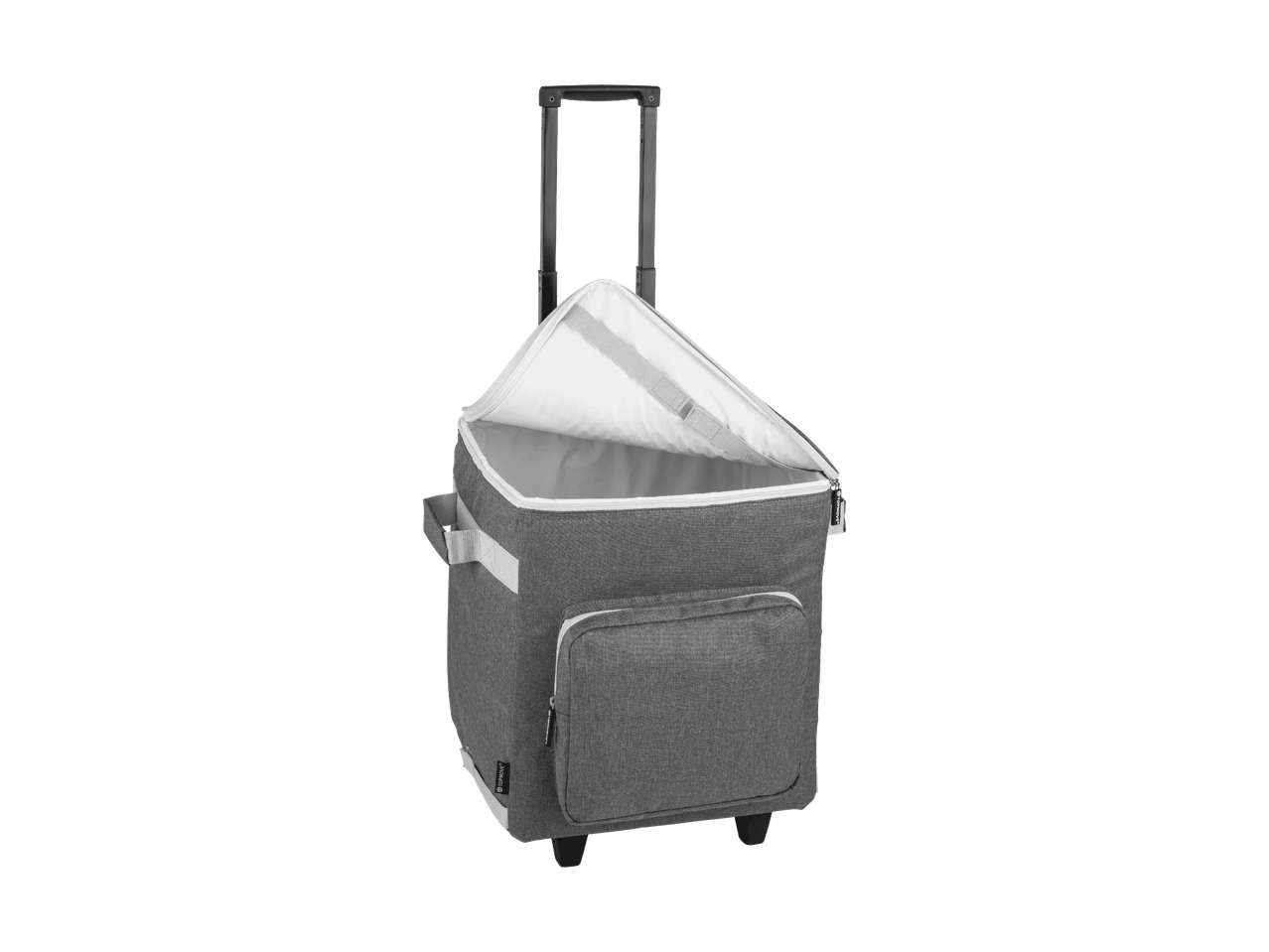 Sac de courses gris à roulettes avec poignée télescopique, ouvert.