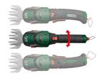 Three views of a cordless grass and shrub shear, showing its rotating handle feature.