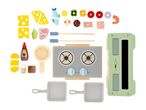 Wooden toy kitchen set with stove, grill pans, and various food items like cheese, meat, and vegetables.