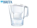 Clear water filter pitcher with a white lid and a small amount of water at the bottom