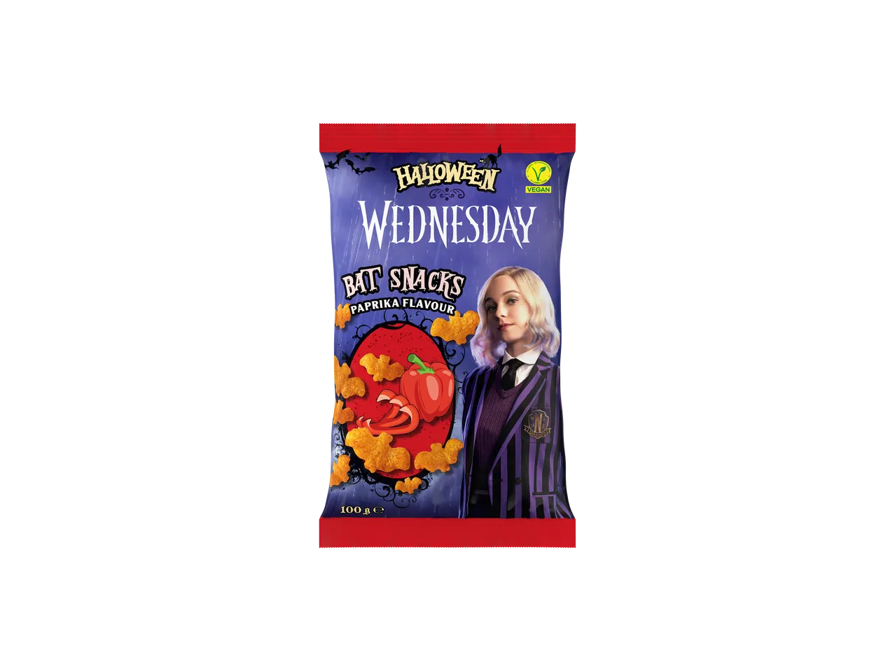 Paprikos skonio kukurūzų užkandžių pakuotė „Halloween Wednesday Bat Snacks“ su Enid Sinclair.