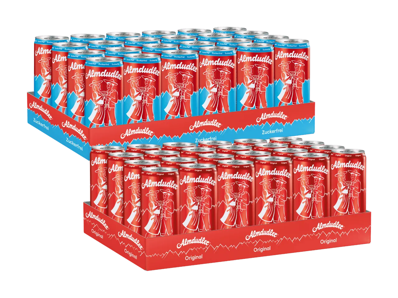 Zwei Kartons mit Dosen eines Erfrischungsgetränks, oben zuckerfrei, unten original.