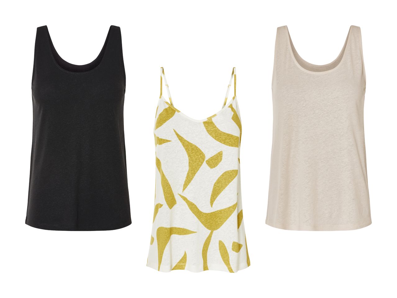 Drei Damen-Tops: ein schwarzes, ein beiges und eines mit gelbem abstrakten Muster.