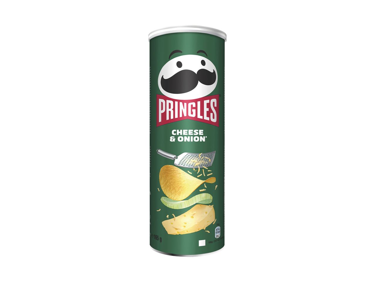 Pringles Cheese & Onion crisps in a green tube, with cheese, onion, and a grater.