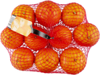 A mesh bag containing ten large mandarins with a product label.