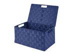 A navy blue fabric storage bin with a lid, ideal for organizing.