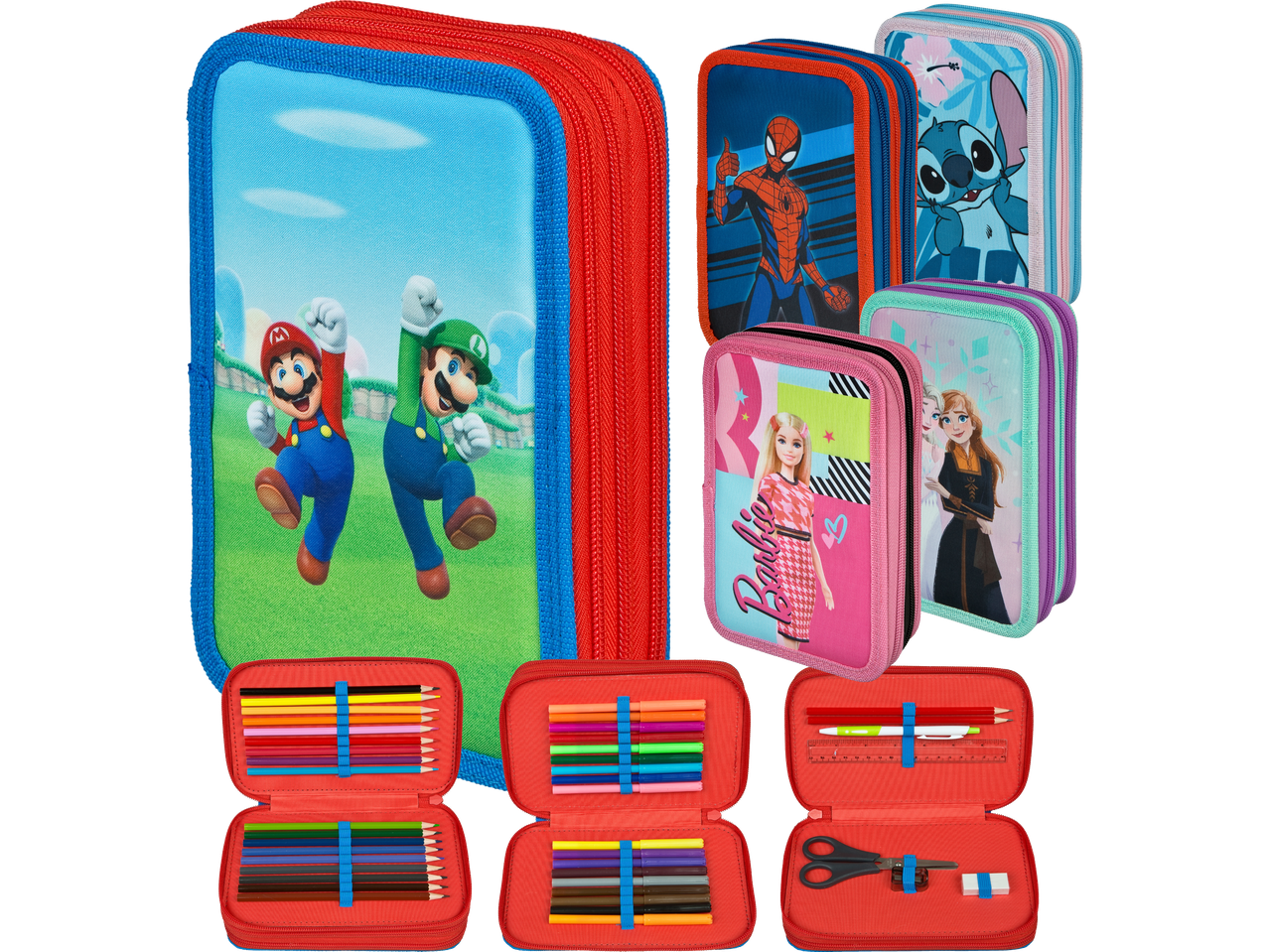 Pennfodral med olika motiv, bland annat Mario, Spiderman, Barbie och Stitch.