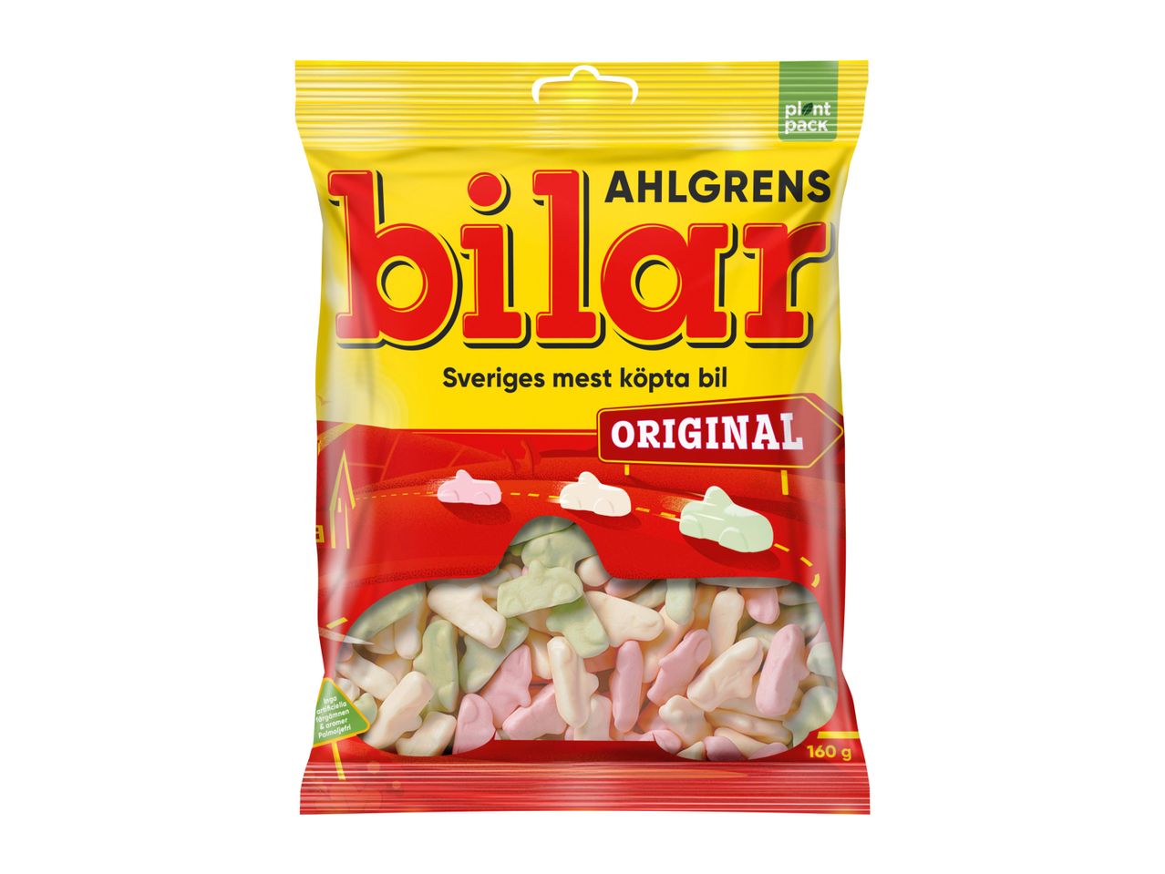Ahlgrens Bilar Original candy bag with car-shaped candies in pink, white, and green.
