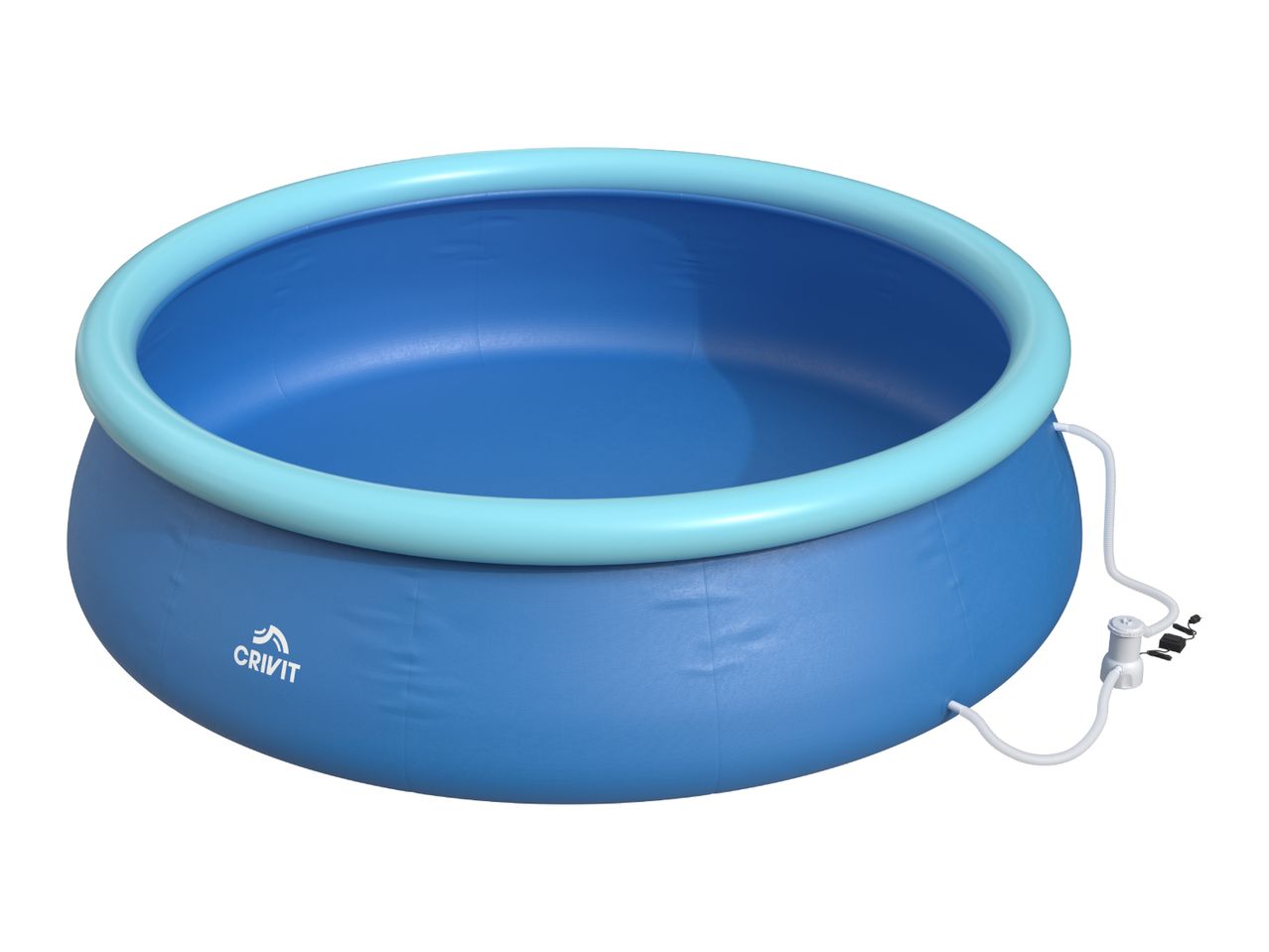 Blue inflatable swimming pool with a light blue top ring and an external filter pump.
