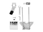 Router accessories set including a dust extraction attachment, wrench, guide rods, and various router bits.