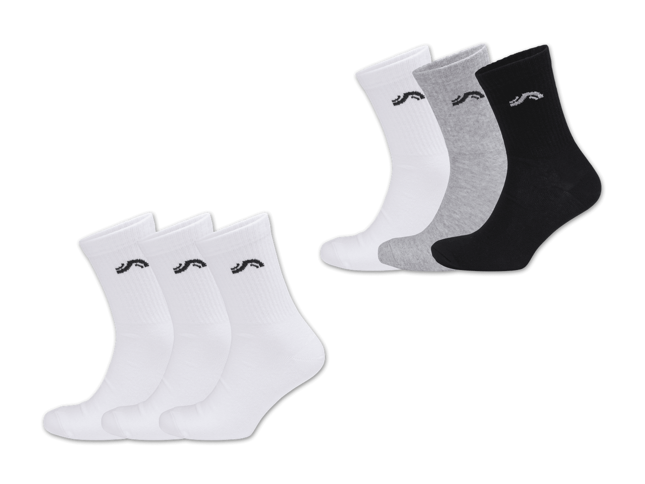 Sechs Paar Socken in Weiß, Grau und Schwarz mit einem kleinen Logo.