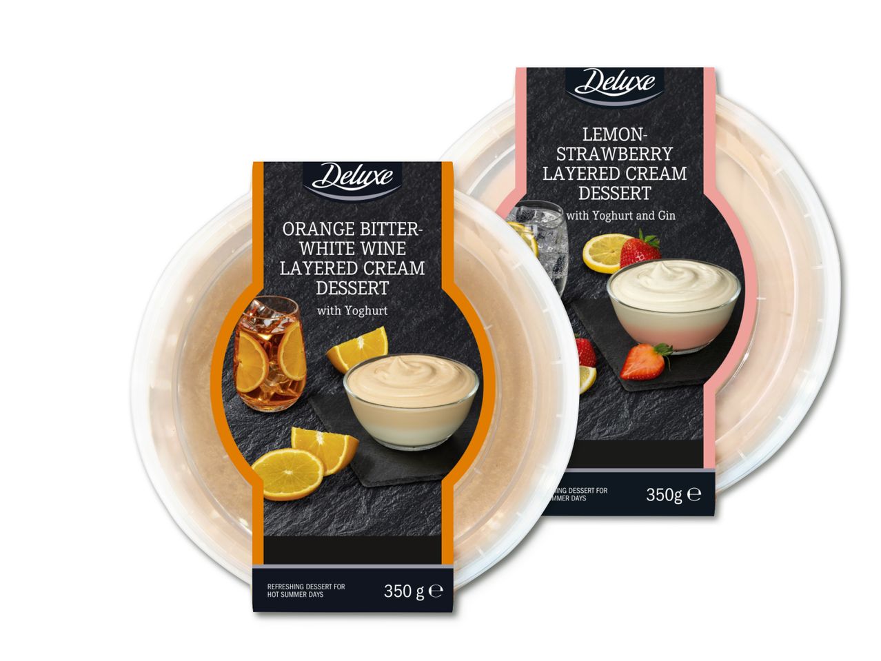 Kaks Deluxe'i kihilist kreemdesserti: apelsini-mõru valge veini ja sidruni-maasika jogurti ja džinniga.