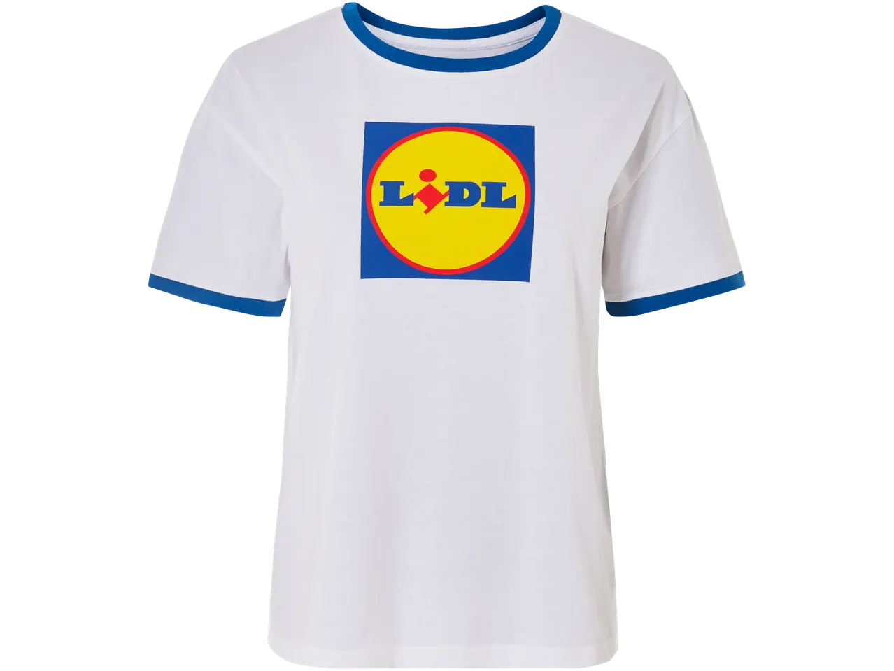 Wit Lidl t-shirt met blauwe boord.